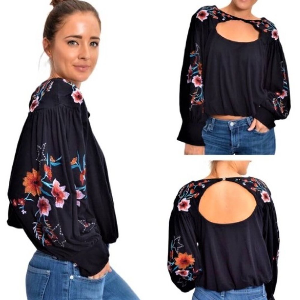 Free People Top Black Embroidered Cut Out Linen Long Balloon Sleeves Oversized S